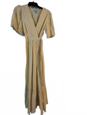 Draper James RSVP Linen blend Yellow Striped Maxi Dress w/ Puff Sleeves southern